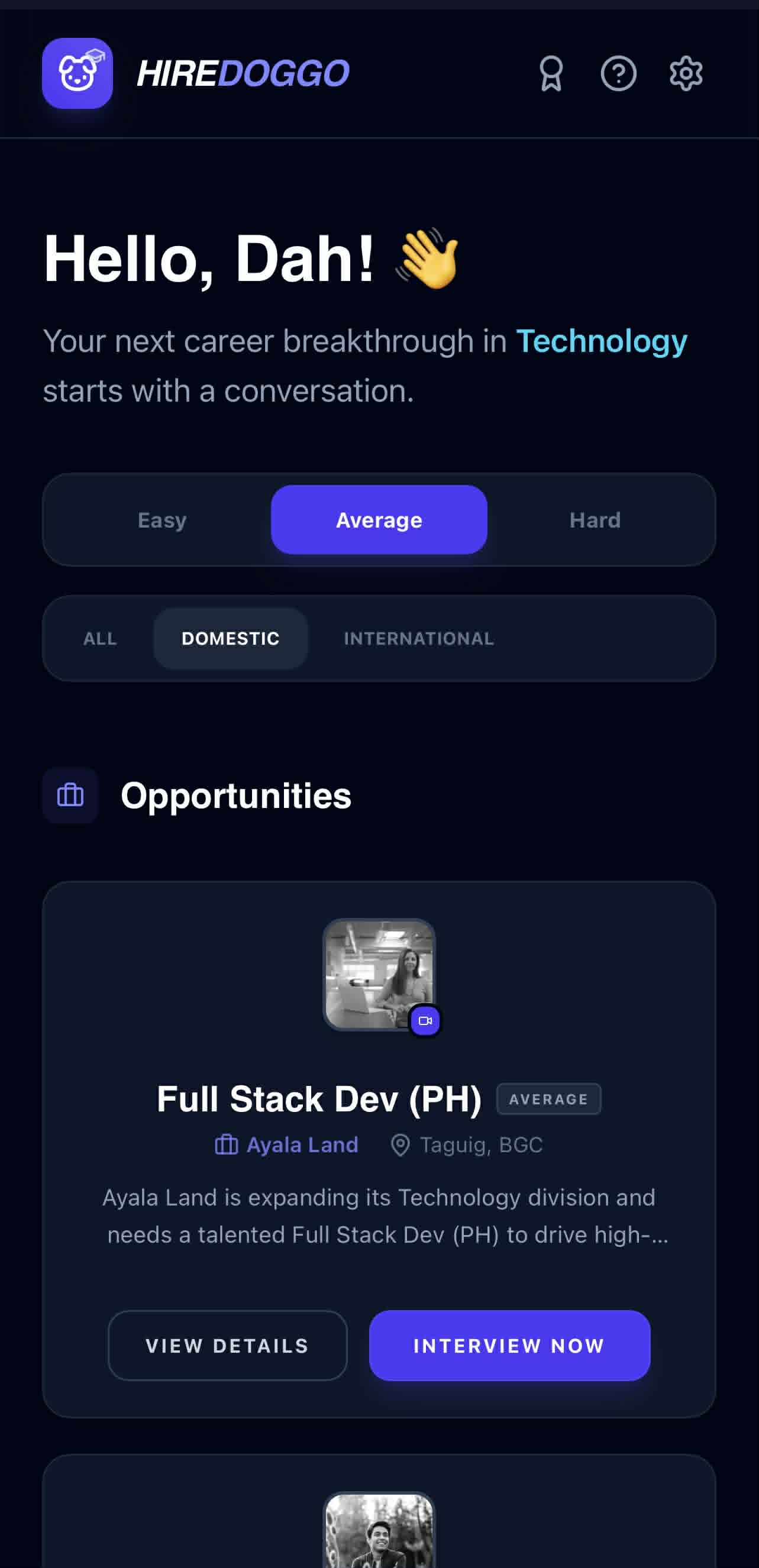 Job opportunities screen